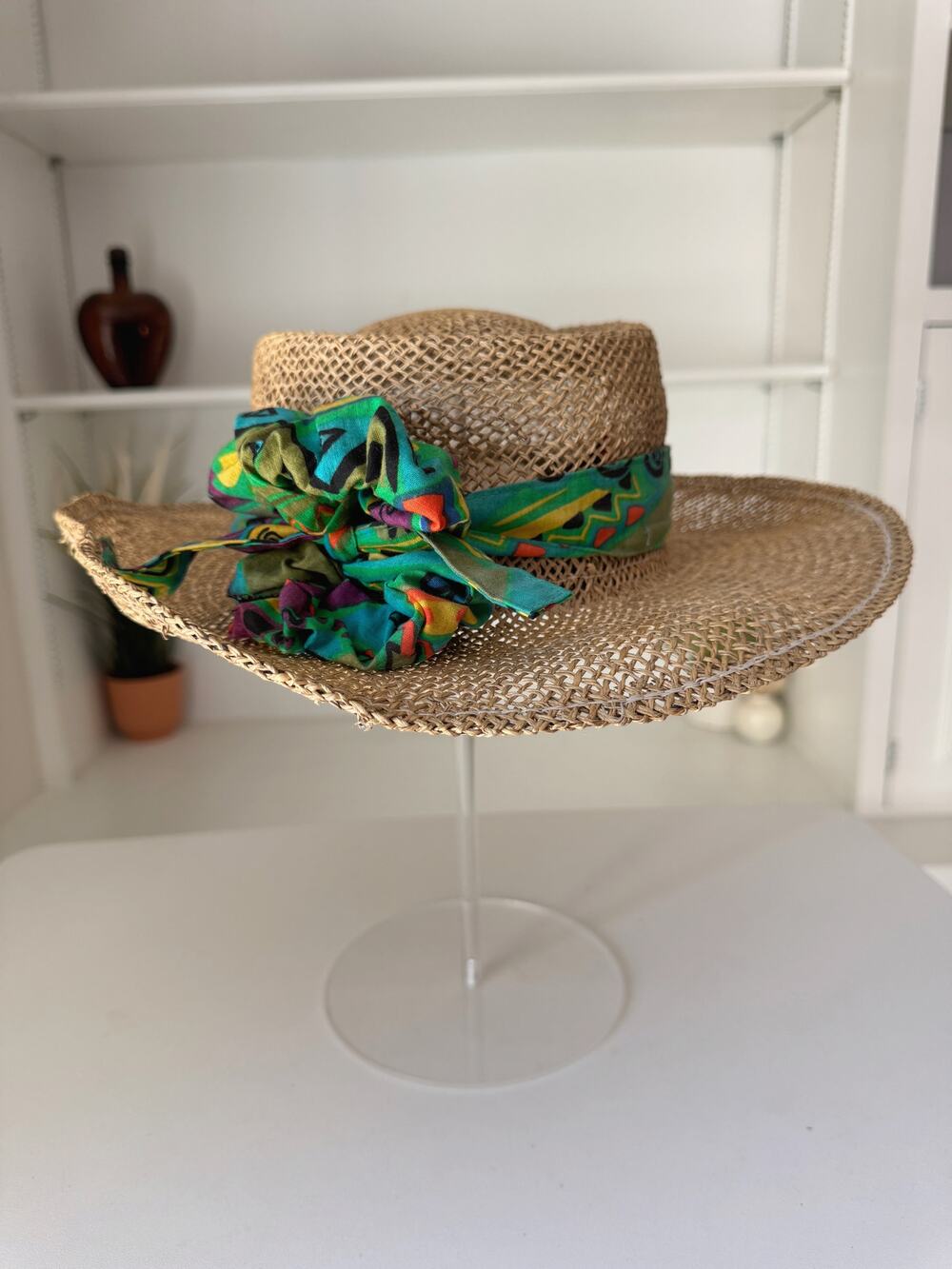 Vintage 80s 90s Geometric Print Geri Band Scrunchie Straw Fedora Sun Hat